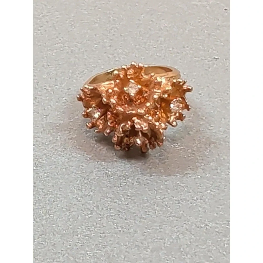 Vintage Floral Cluster Ring Gold Tone Clear Stones Sculptural Nugget Size 6.25